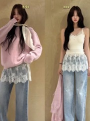 2024 spring and autumn new style layered lace bottoming camisole women's mid-length mesh butt curtain top