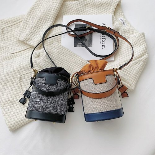 Bucket bag for women 2024 new Korean style portable cylindrical shoulder bag trendy retro canvas contrasting crossbody bag