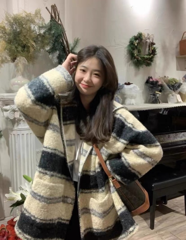 Lazy Style Striped Woolen Jacket Women's Autumn and Winter Korean Style Mid-Length Retro Design Niche Cardigan Hooded Coat