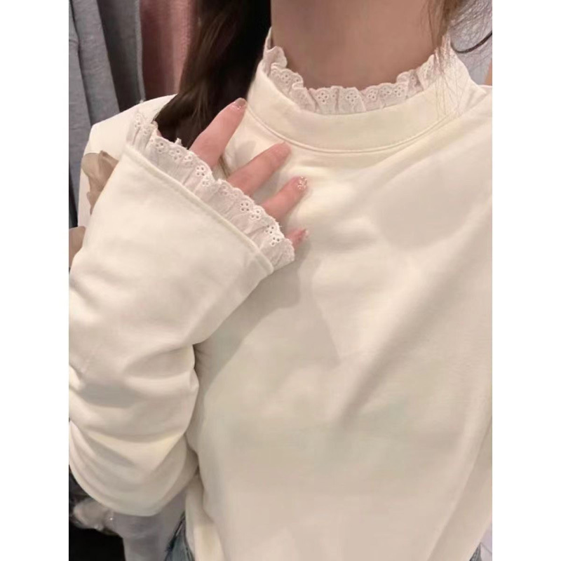 Korean style semi-turtle collar German velvet warm bottoming shirt for women autumn and winter slim slim long-sleeved T-shirt design lace top