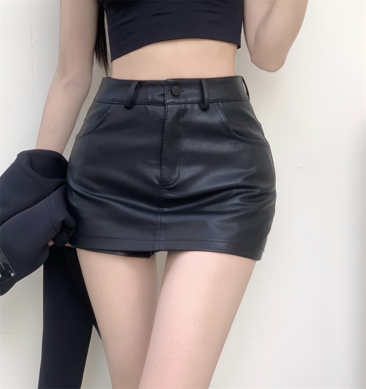 Real price!  2023 new hot girl sexy high-waist texture slim ultra-short PU leather hip-covering skirt pants