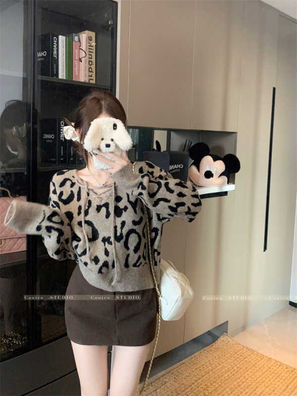 Leopard print sweater for women 2024 winter pure lust style loose sexy soft waxy top