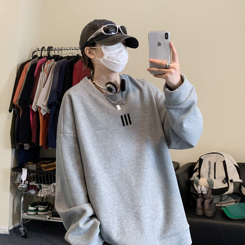 Waffle!  Waffle top men's round neck waffle sweatshirt men's large size long-sleeved t-shirt for men