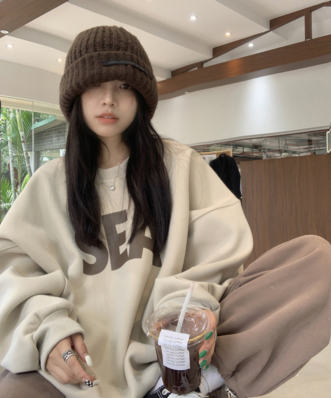 Plush velvet warm loose oversized letter print sweatshirt round neck retro casual top for women