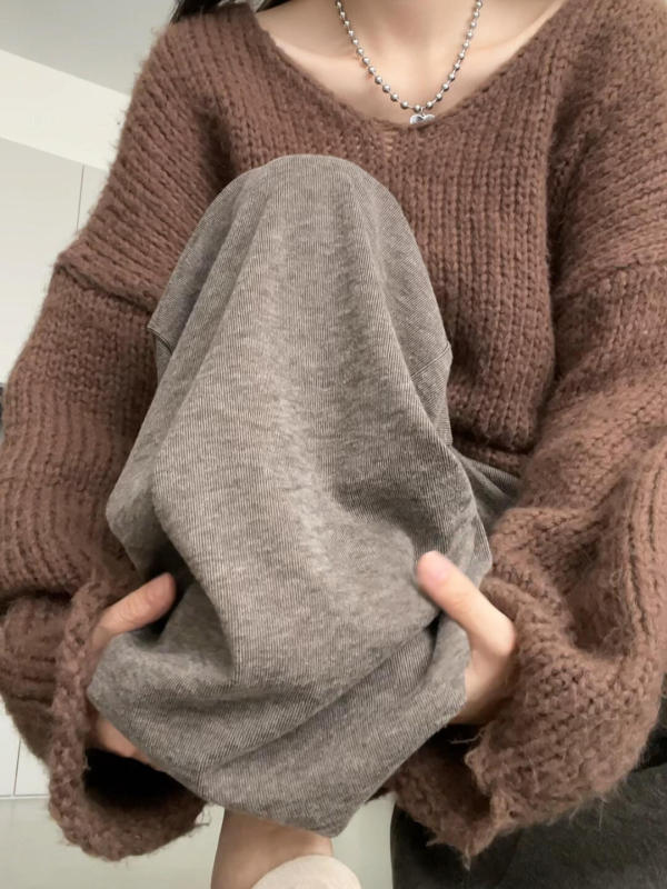 Korean style lazy style V-neck pullover sweater for women autumn and winter loose knitwear long-sleeved top + casual pants two-piece set