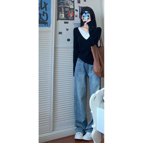 High waist drapey wide leg jeans 2024 women's spring and autumn new style retro fashion straight pants loose casual pants