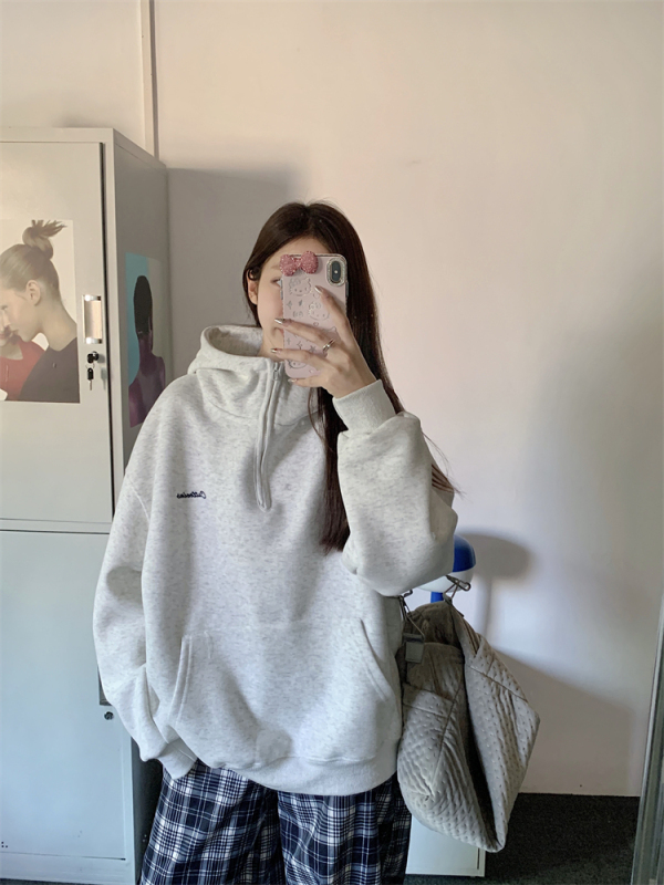 Half-zip hooded sweatshirt for women, autumn and winter small Korean style lazy style loose top