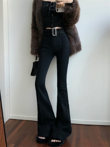 Japanese buckle belt plus velvet thickened autumn and winter high waist slim micro-flared straight floor-length trousers