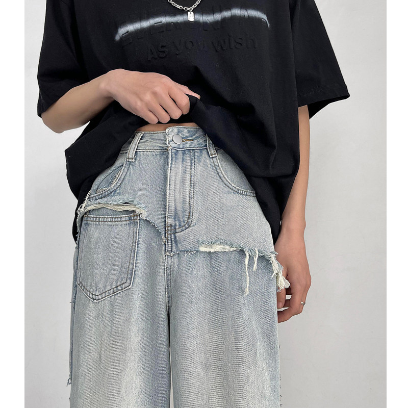 Retro straight-leg spliced ​​loose wide-leg light blue jeans