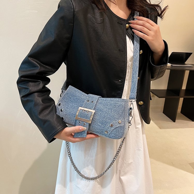 Cross-border trend niche design women's bag ins Korean fashion western style denim shoulder bag baguette