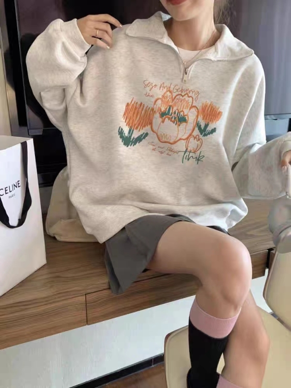 Thin Chinese cotton milk silk plus velvet Chinese cotton silver fox velvet Designed Polo collar half-zip lapel long-sleeved sweatshirt