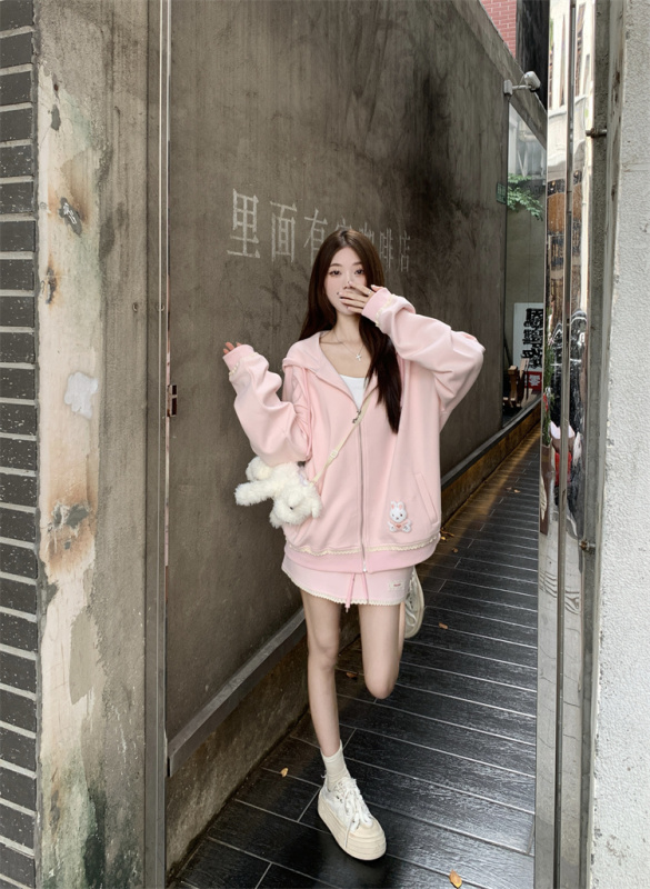 Autumn sweet pink bear thin cardigan sweatshirt + skirt