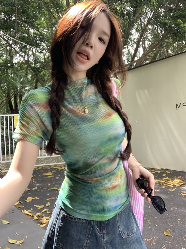 Actual shot~Korean niche printed tie-dye mesh short T-shirt