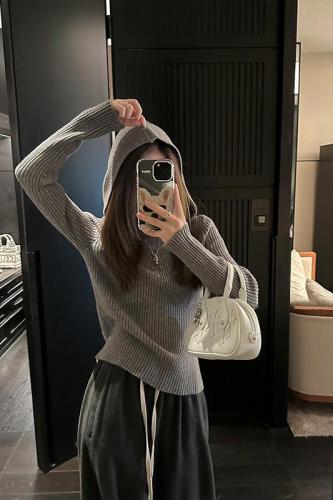 Ready stock~Autumn lazy style sweater sweater short bottoming hooded woolen top