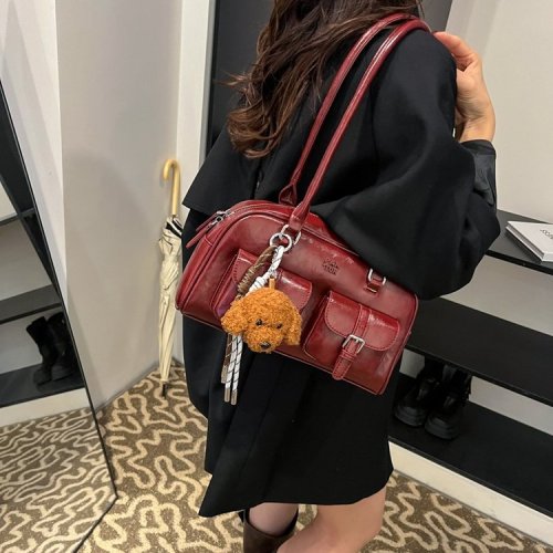 Simple retro portable bowling bag for women 2024 new fashion Korean style armpit bag large capacity commuter bag