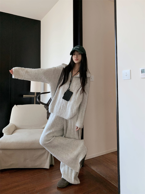 Soft waxy alpaca loose stand-up collar zipper sweater knitted wide-leg trousers fashion suit