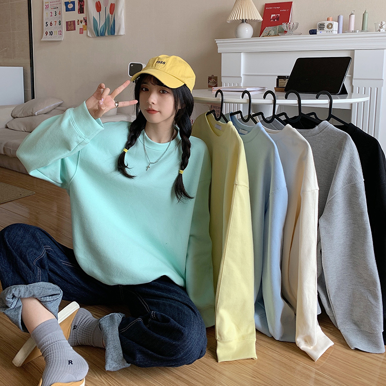 New autumn loose solid color round neck thin sweatshirt for women
