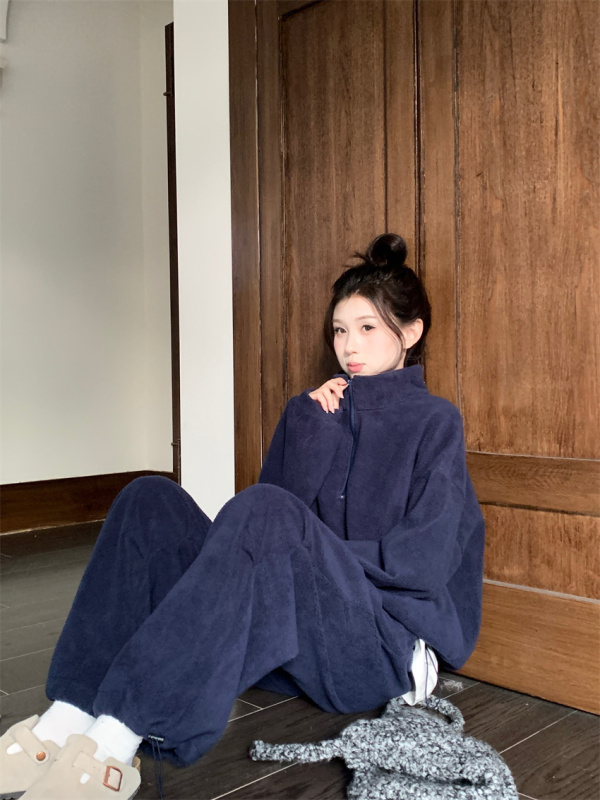 Autumn and winter thickened velvet half-zip granular velvet sweatshirt loose two-piece set