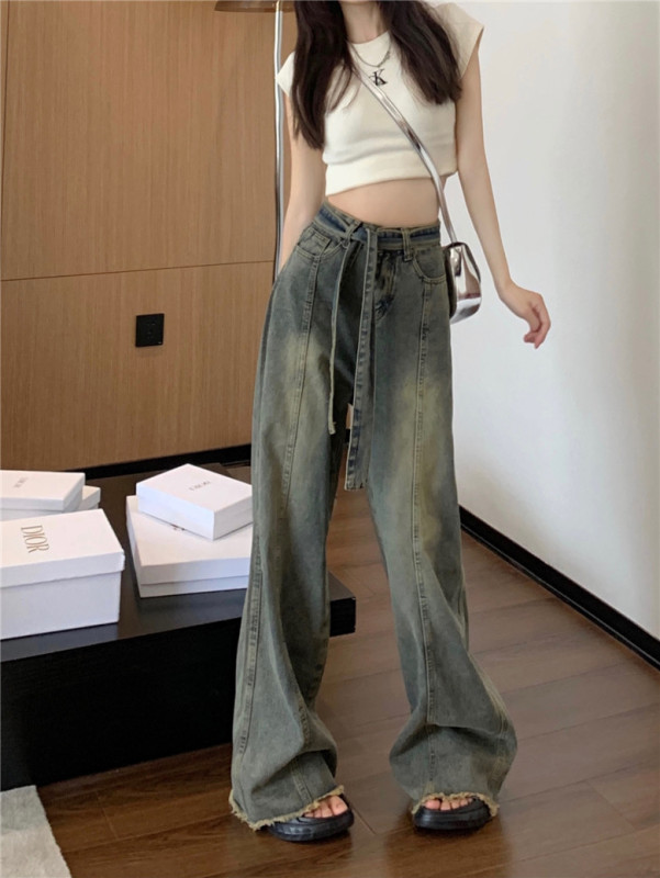 American Retro High Waist Lazy Style Raw Edge Loose Straight Denim Floor-Mopping Wide Leg Pants for Women