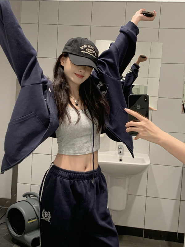 American casual sports hooded loose versatile sweatshirt straight slim sports trousers two-piece set