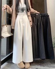 Gray woolen wide-leg pants for women in autumn and winter, high-waisted, loose and drapey, casual straight-leg petite trousers