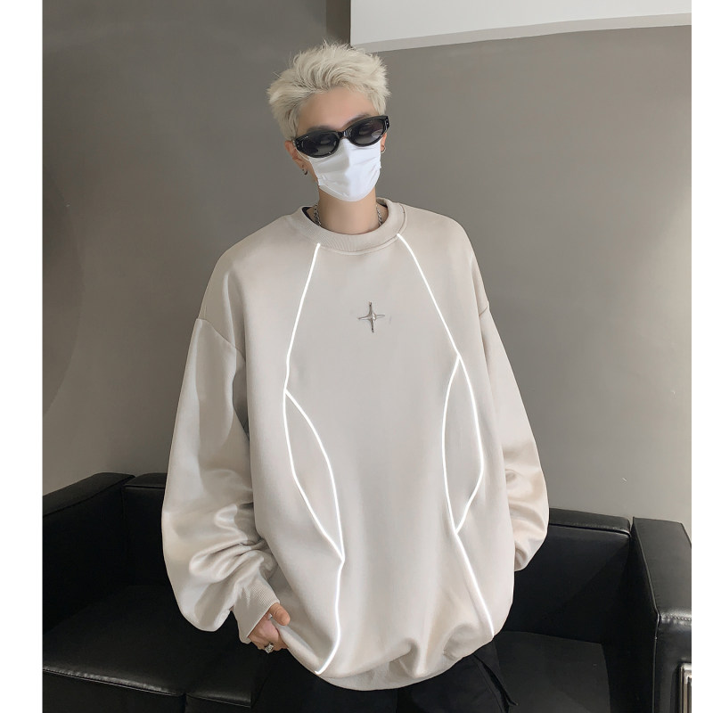 Autumn clothing heavyweight American high street buckskin velvet reflective strips couple sweatshirt tops jacket for men