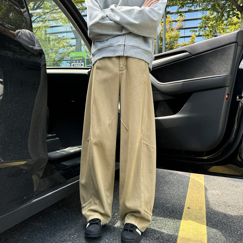 American retro khaki denim overalls loose design straight pants
