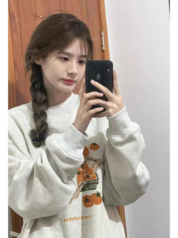 Thin Chinese cotton milk silk plus velvet Chinese cotton silver fox velvet round neck printed sweatshirt for female couple Douyin quality