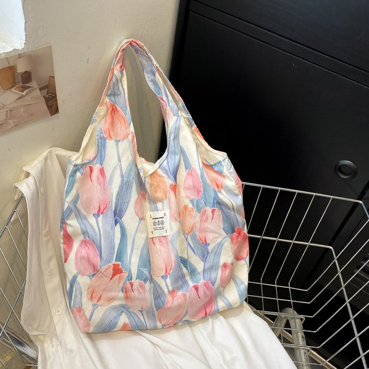 Handbag summer ins floral high-end canvas bag small fresh large capacity shoulder bag shopping shopping bag