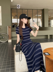 Real shot and real price Summer cool woolen high-waist commuter contrast striped slim dress