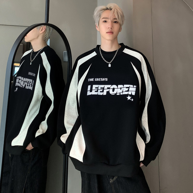 American letter print contrasting color sweatshirt for men asking for trendy brand casual splicing couple style round neck top