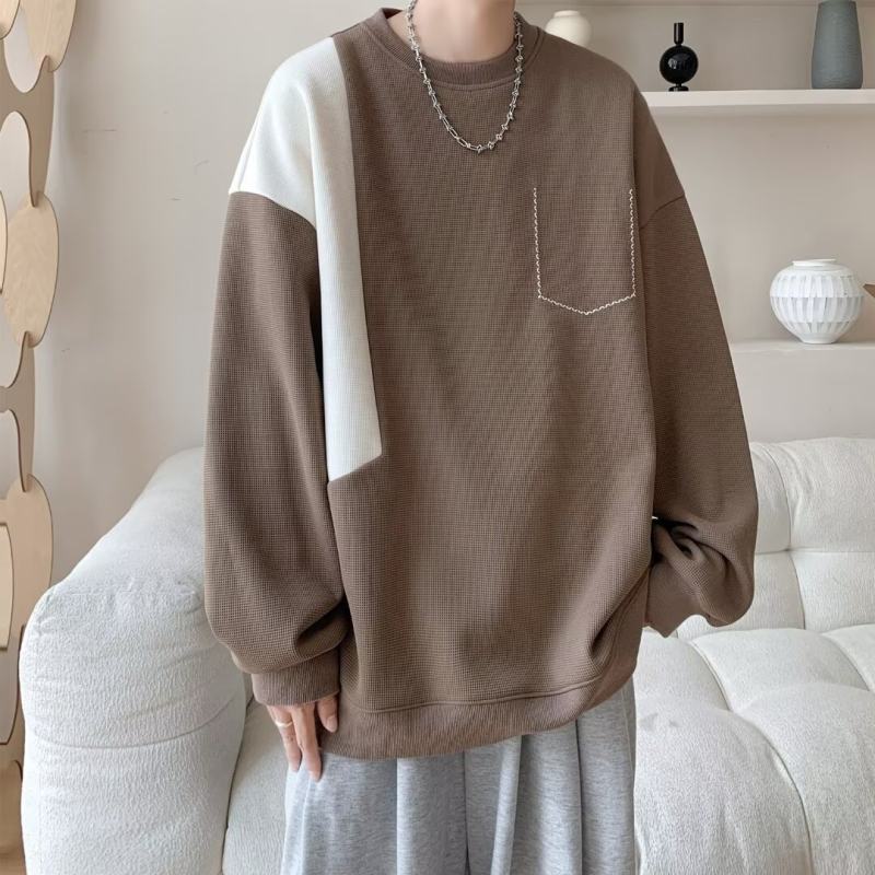 Waffle stitching round neck sweatshirt men's autumn new fashion brand top men's loose casual long-sleeved T-shirt