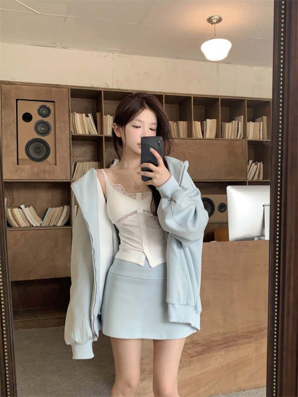 Lace sleeveless vest hooded sweatshirt women's A-line skirt loose lazy style jacket