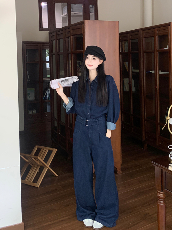 Korean chic has a simple denim fashion suit shirt jacket + wide-leg pants with a belt