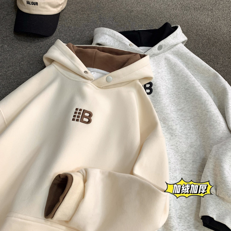 Winter thickened fake two-piece loose hooded embroidered sweatshirt