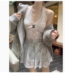 French white lace halterneck suspender dress for women in summer layered with waist and inner skirt sexy bottoming skirt