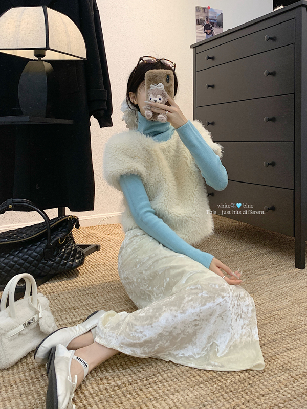 Plush velvet vest jacket, high collar, bottoming shirt and skirt, three-piece set for autumn