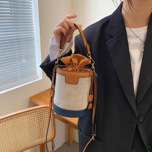 Bucket bag for women 2024 new Korean style portable cylindrical shoulder bag trendy retro canvas contrasting crossbody bag