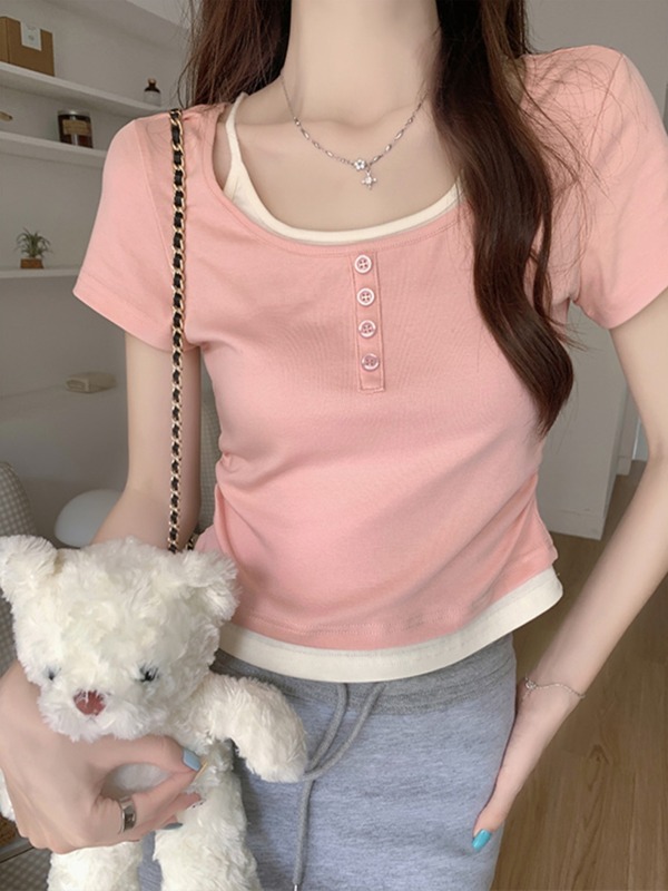 Stitched contrasting button short-sleeved T-shirt for women for summer vacation, two-piece slim fit crop top