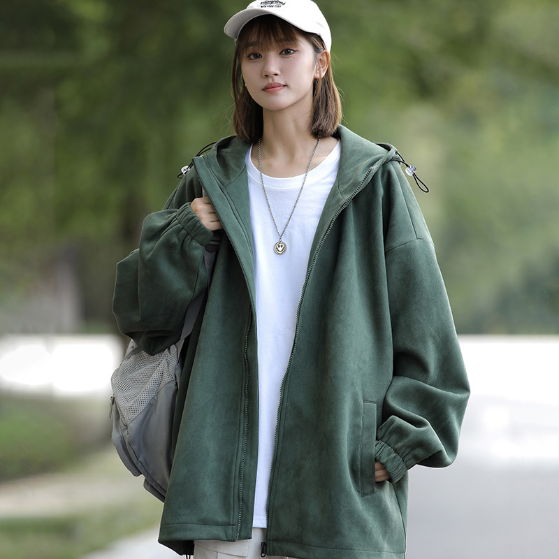 Hong Kong style two-way loose suede jacket, versatile off-shoulder simple hooded top jacket