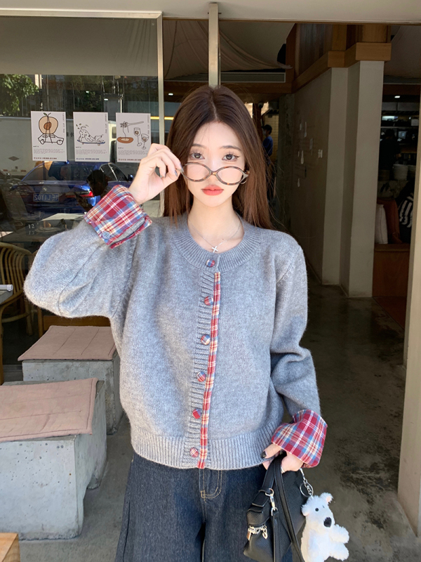 Korean patchwork plaid sweater for women 2024 autumn and winter loose warm casual cardigan