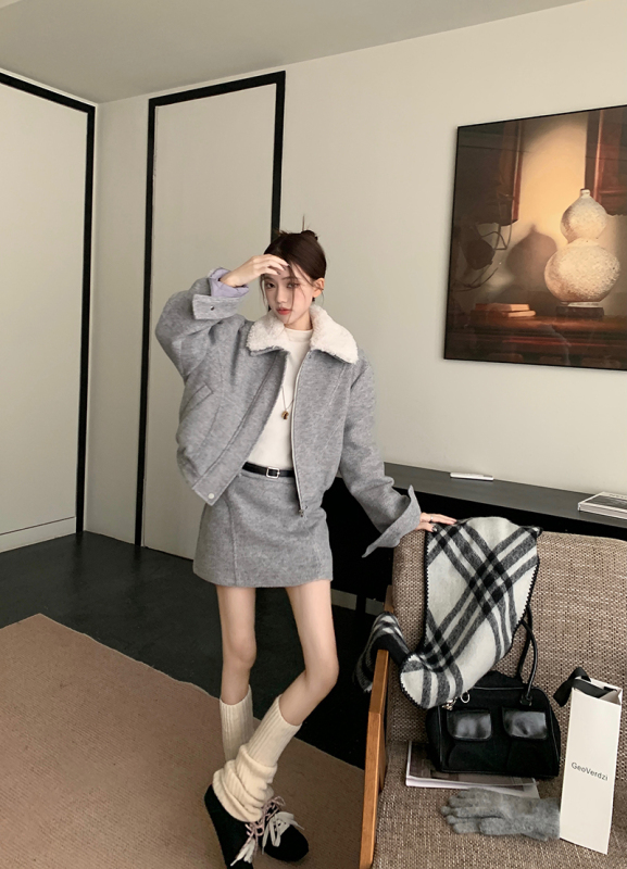 Removable fur collar autumn and winter quilted short coat casual versatile woolen skirt women's fashion suit