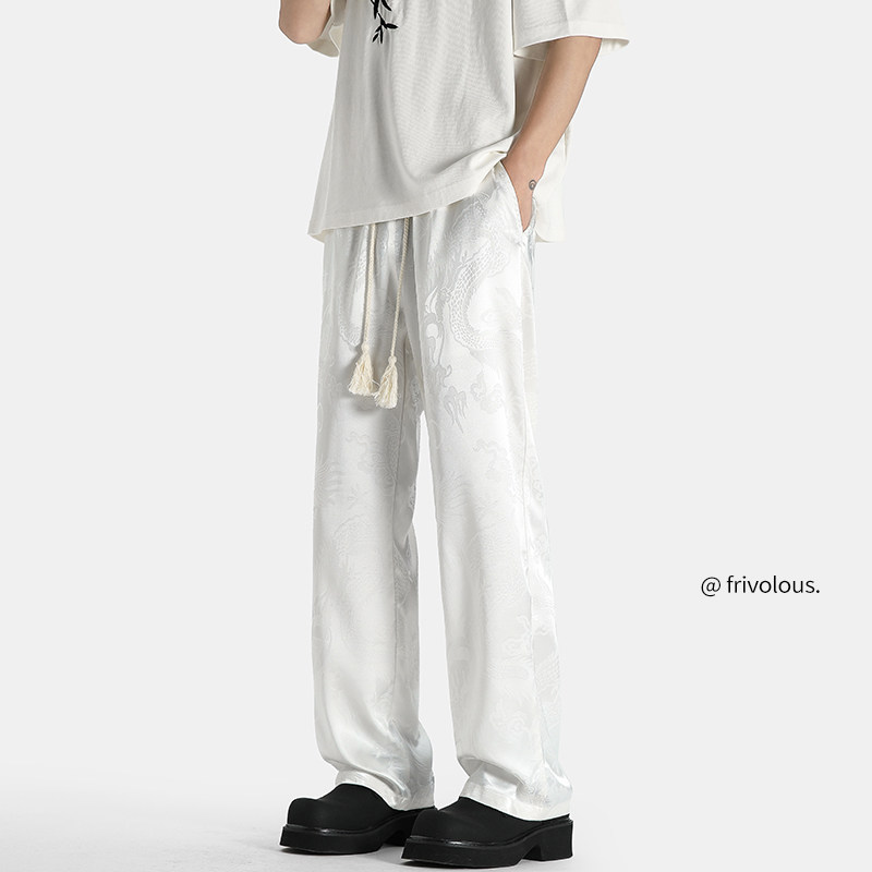 Summer dragon pattern printed ice silk drape national style loose wide-leg floor-length trousers for men
