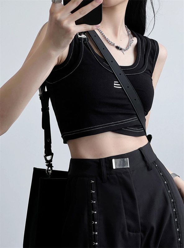 Pure cotton fake two-piece camisole for women, summer inner wear and outer wear design, niche sweet hottie chic American short style