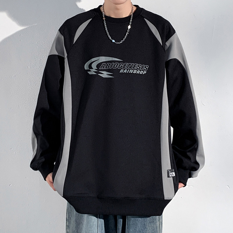 New autumn style Hong Kong style light and shadow wall large size American spliced ​​round neck sweatshirt
