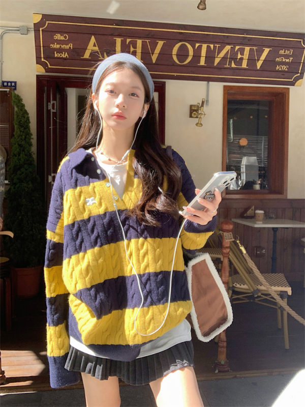 Winter Korean knitted casual contrast color loose pullover sweater for women