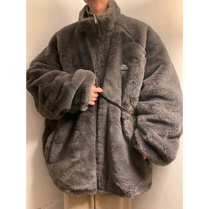 Thickened cotton-padded rabbit fur coat Hong Kong style Japanese style cotton coat double-sided thick jacket