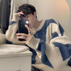 Trendy brand lazy style color block sweater men's spring trendy brand high-end sweater teenagers handsome loose knitted sweater