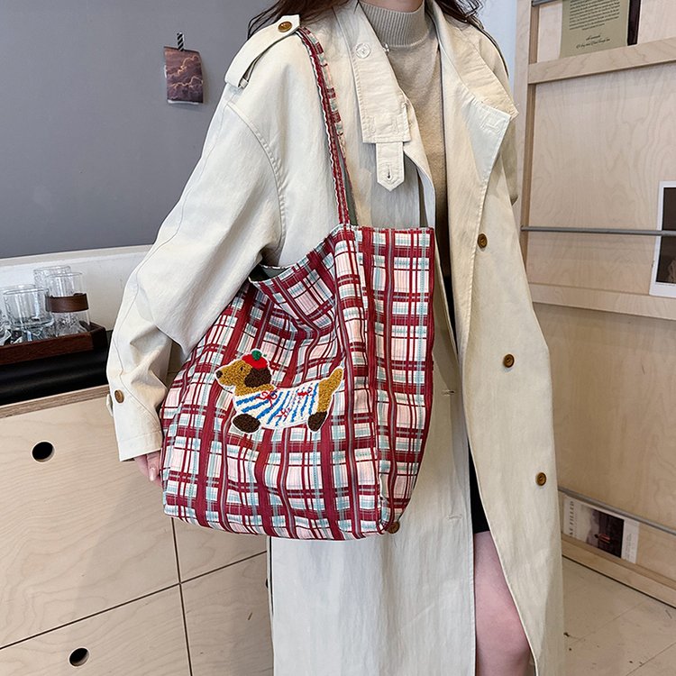 Korean version ins style retro plaid tote bag 2024 canvas bag large capacity student class shoulder bag