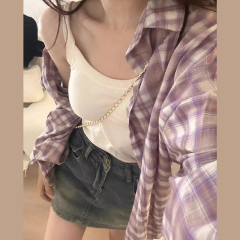 Purple Plaid Hong Kong Style Retro Casual Shirt Women's New Summer Sunscreen Shirt Jacket Loose Top